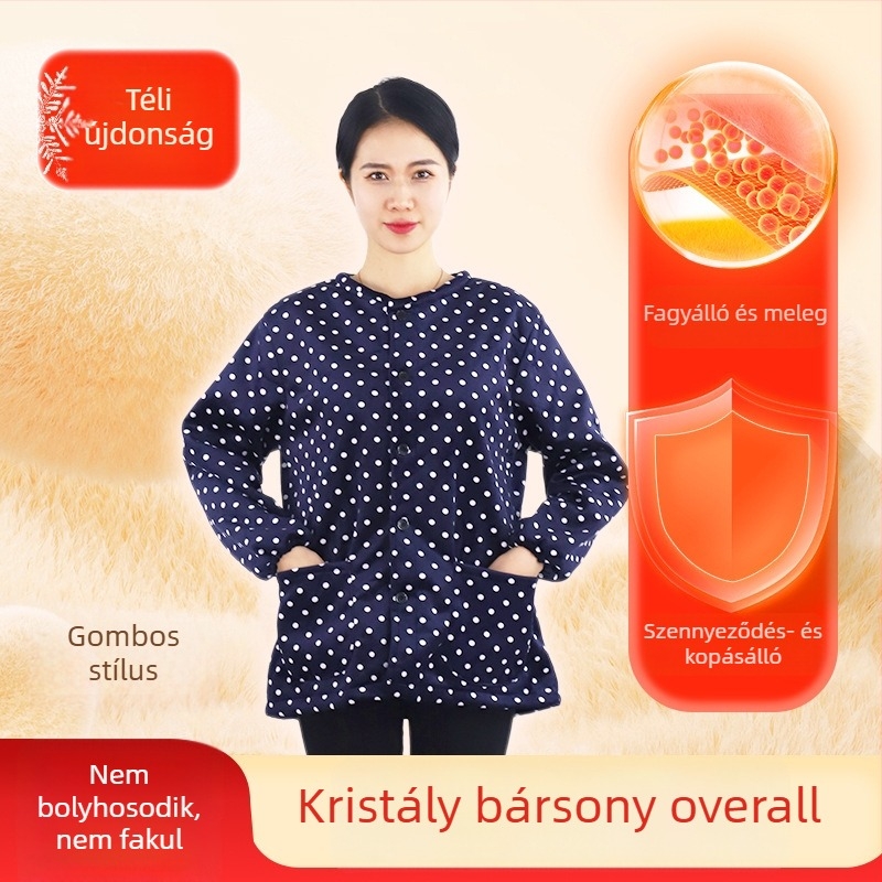Koreai stílusú téli kristály bársony kötény ujjas, fleece-belés, oversize, kopásálló és foltálló munkaruha nőknek, ősz–tél.