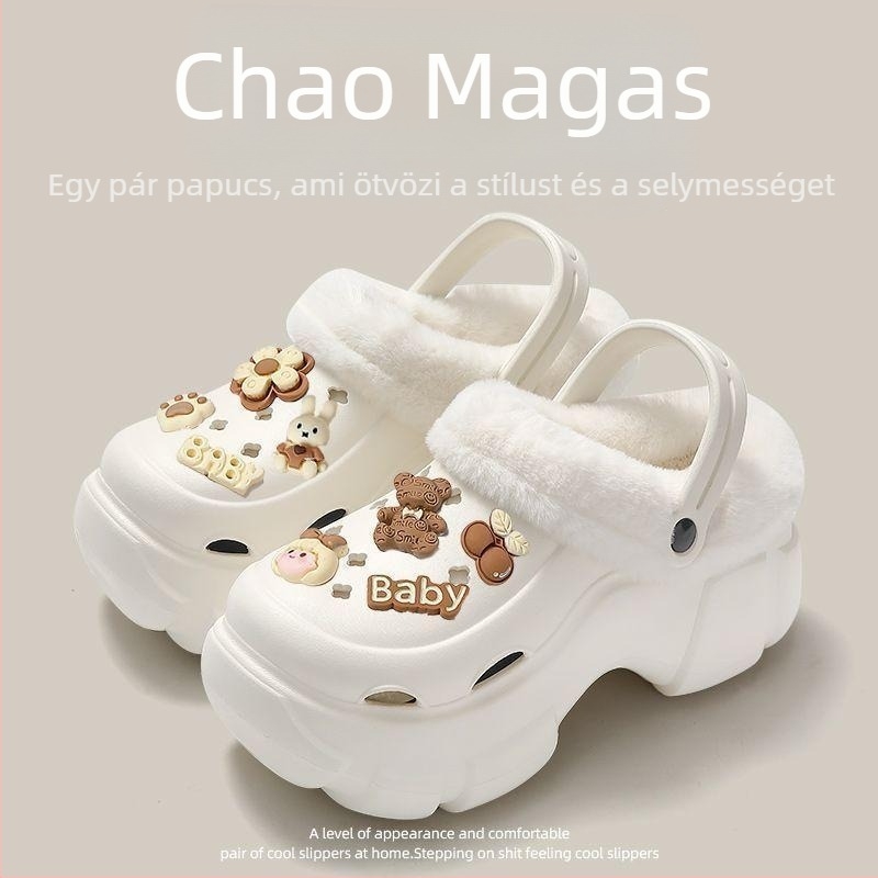 Crocs női papucs plüss béléssel, téli–őszi viselet, vastag talppal 6–7 cm, EVA felső és talp, csúszásmentes