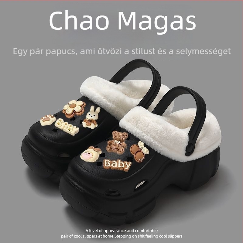 Crocs női papucs plüss béléssel, téli–őszi viselet, vastag talppal 6–7 cm, EVA felső és talp, csúszásmentes
