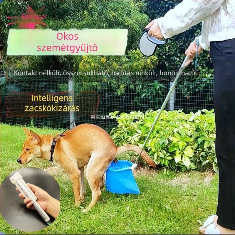 Összecsukható kutyapiszokszedő, automata működés, műanyag, zacskót tartalmaz