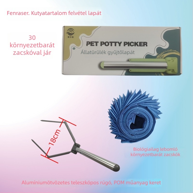 Összecsukható kutyapiszokszedő, automata működés, műanyag, zacskót tartalmaz