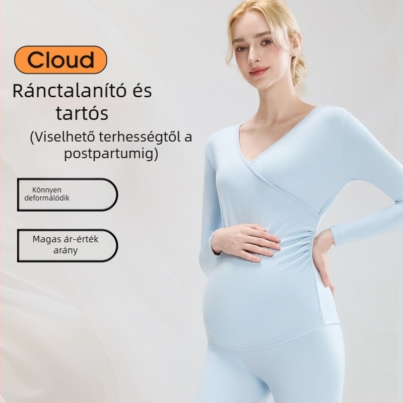 Szoptatós kismama pizsama szett – V-nyakú, hosszú ujjú, hosszú nadrág, vastag poliészter (90–95%)