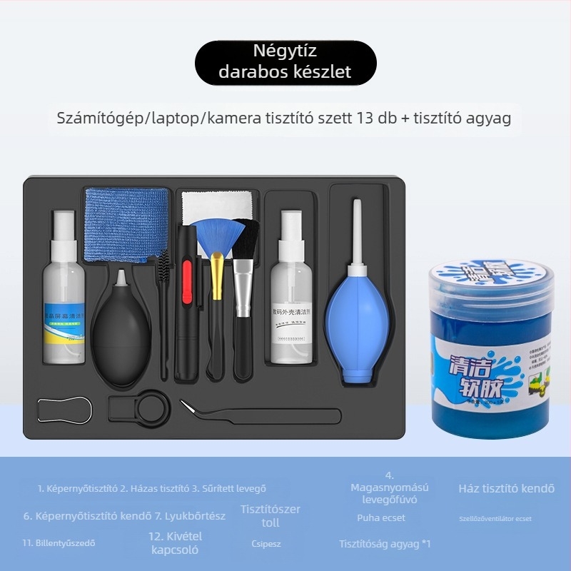 Kilenc darabos számítógép-tisztító készlet: képernyőtisztító, notebook burkolat tisztító, billentyűzet tisztító eszközök – Modell: Qjj-003; Márka: Tide competition; Kompatibilis a 21789048979