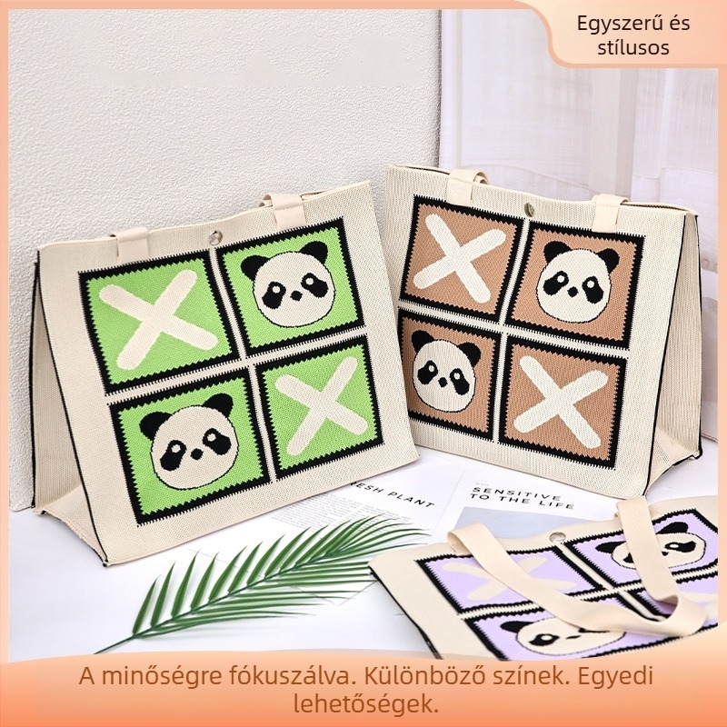 Négy rekeszes Panda kötött táska – városi minimalist stílus, poliészter, függőleges négyzet alak, nyitott nyílás