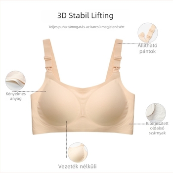Szoptatós melltartó drót nélküli, európai stílus, oldalsó tartás és emelés, kényelmes és diszkrét, anyaga nylon+spandex, bélés nylon, rögzített dupla vállpántok, vékony formázott kosarak, hátul négy horoggal záródik