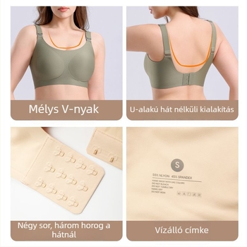 Szoptatós melltartó drót nélküli, európai stílus, oldalsó tartás és emelés, kényelmes és diszkrét, anyaga nylon+spandex, bélés nylon, rögzített dupla vállpántok, vékony formázott kosarak, hátul négy horoggal záródik