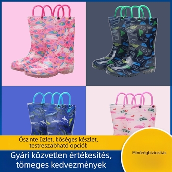 Gyerekek esőcsizmája középmagas, fogantyúval, rajzolt mintával