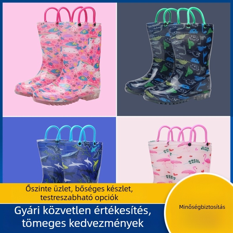 Gyerekek esőcsizmája középmagas, fogantyúval, rajzolt mintával