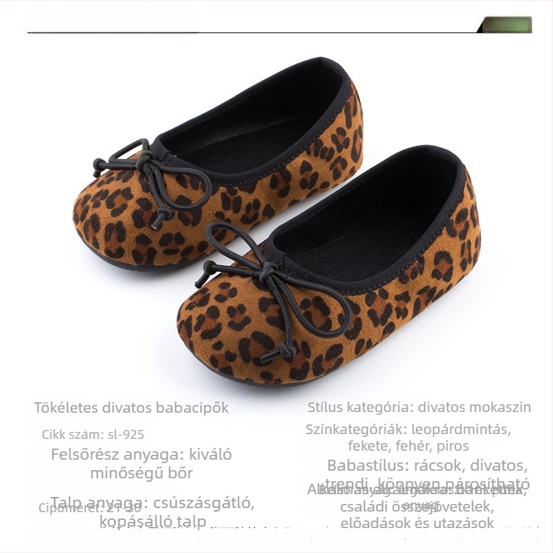 Leopard mintás gyerekcipő masnival, hercegnő-stílus, slip-on, vintage műbőr