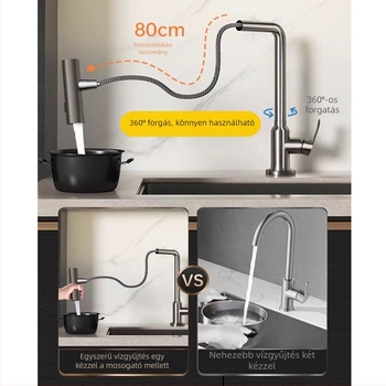 Rozsdamentes acél konyhai mosogató csapok zöldségmosáshoz, forgatható, meleg és hideg víz, kerámiás patronos szelep, 0,1-0,9 MPa, 0-90°C, függőleges felszerelés
