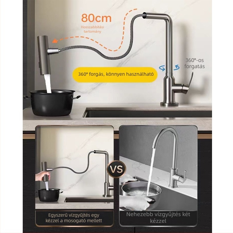 Rozsdamentes acél konyhai mosogató csapok zöldségmosáshoz, forgatható, meleg és hideg víz, kerámiás patronos szelep, 0,1-0,9 MPa, 0-90°C, függőleges felszerelés