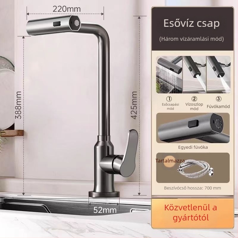 Rozsdamentes acél konyhai mosogató csapok zöldségmosáshoz, forgatható, meleg és hideg víz, kerámiás patronos szelep, 0,1-0,9 MPa, 0-90°C, függőleges felszerelés