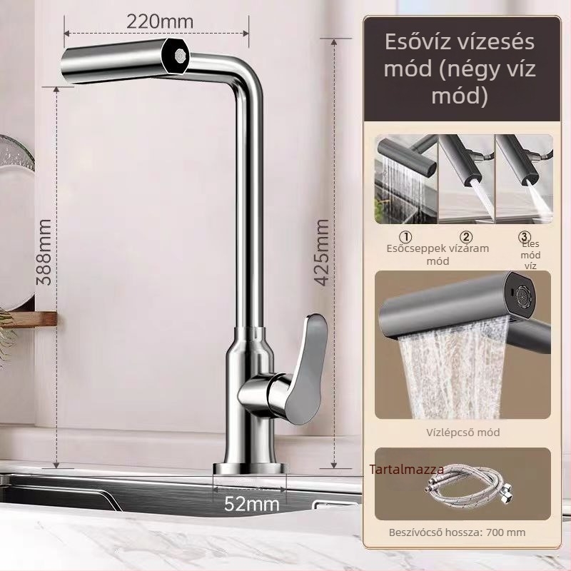 Rozsdamentes acél konyhai mosogató csapok zöldségmosáshoz, forgatható, meleg és hideg víz, kerámiás patronos szelep, 0,1-0,9 MPa, 0-90°C, függőleges felszerelés