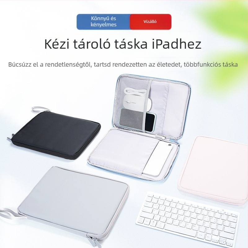 iPad táblagép táska poliészter anyagból, belső zseb, kopásálló és ütésálló, cipzáros nyitás, puha fogantyú