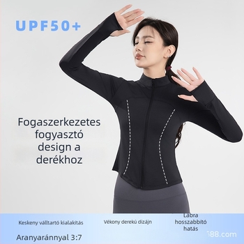 Jóga galléros Slim-Fit UV-védelem dzseki, nylon-spandex keverék, hosszú ujjú, cipzár, UPF50+, Tavasz 2025