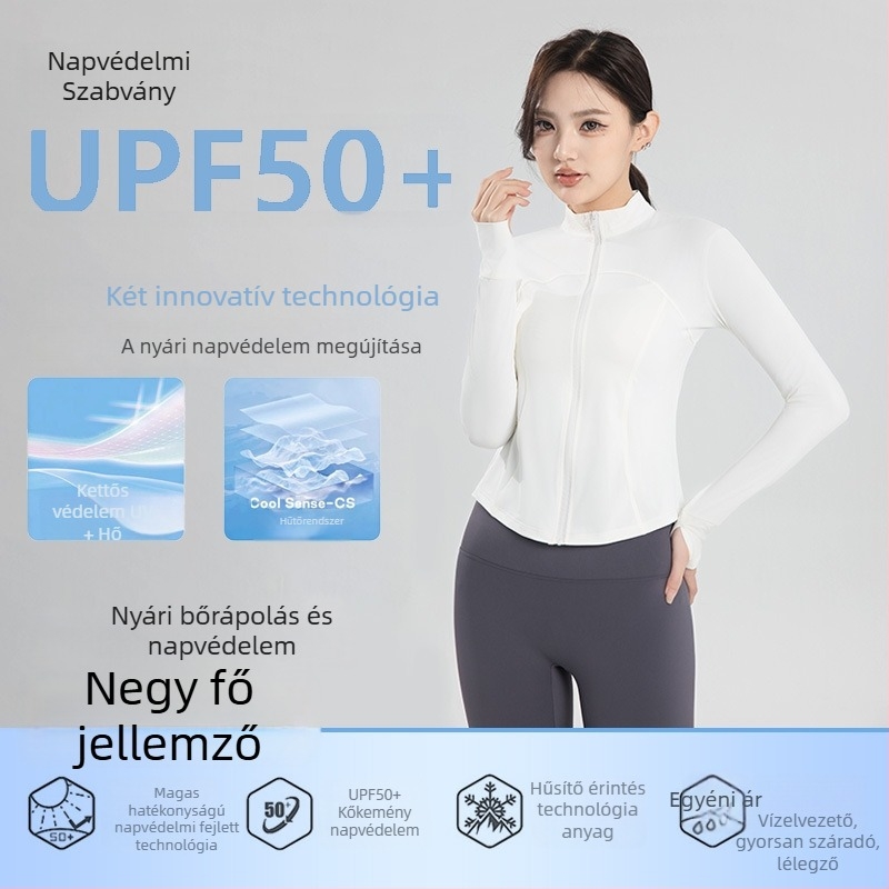 Jóga galléros Slim-Fit UV-védelem dzseki, nylon-spandex keverék, hosszú ujjú, cipzár, UPF50+, Tavasz 2025