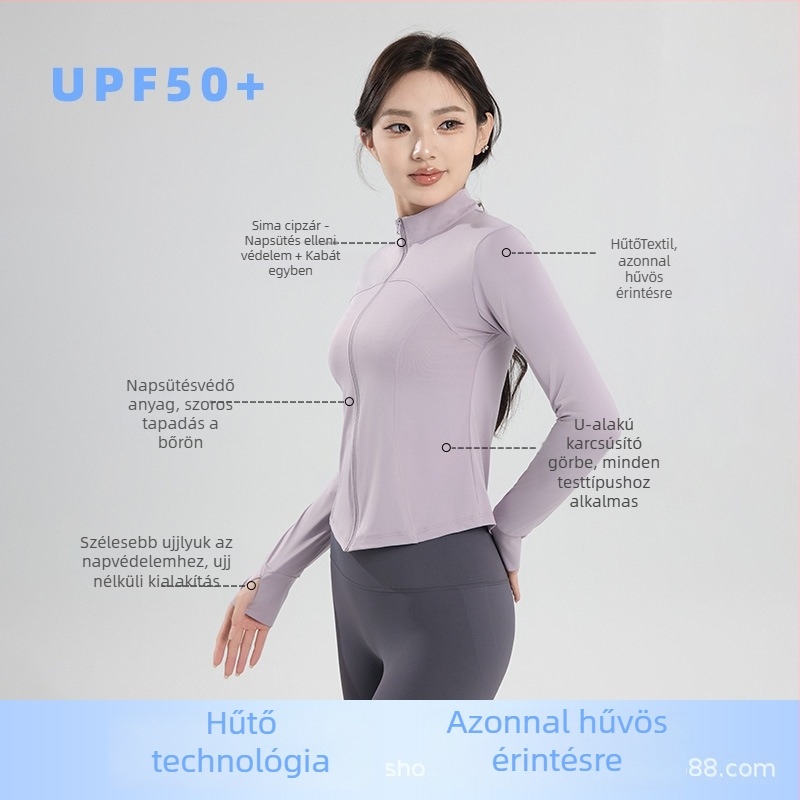 Jóga galléros Slim-Fit UV-védelem dzseki, nylon-spandex keverék, hosszú ujjú, cipzár, UPF50+, Tavasz 2025