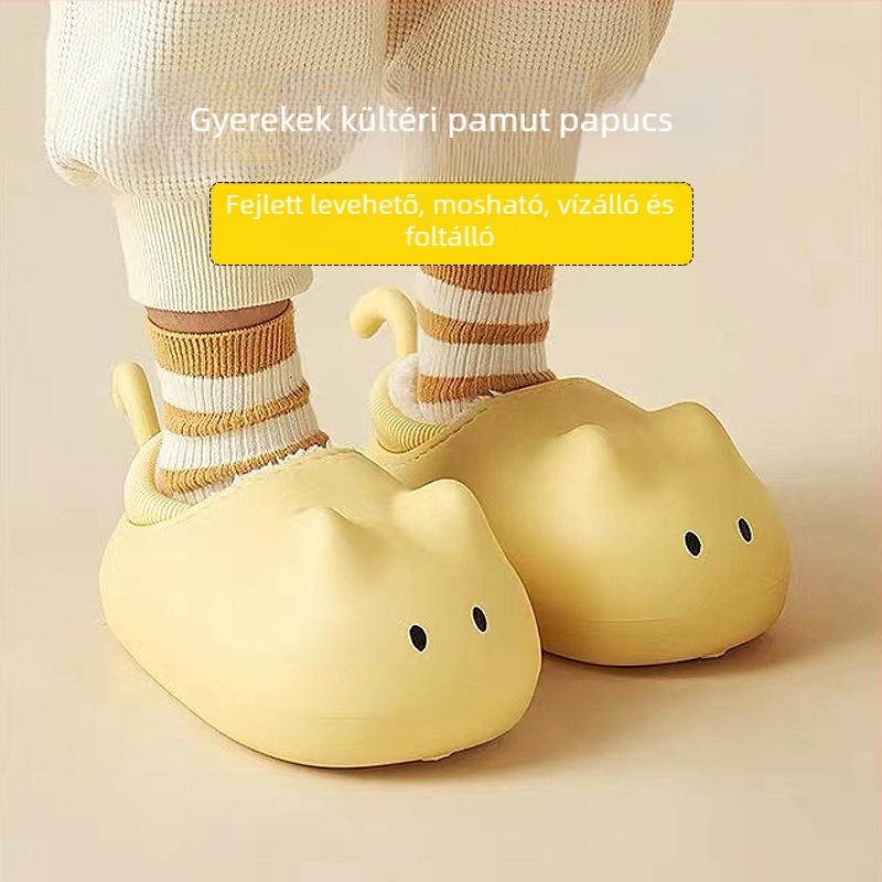 Gyerekeknek készült macskás fleecével bélelt beltéri papucs, meleg, vízálló, foltálló EVA talppal