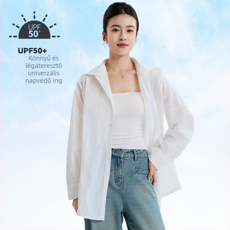 Nylon szövésű napvédő ing-cardin, lazább szabás, hosszú ujjak, hosszú fazon, UPF50+