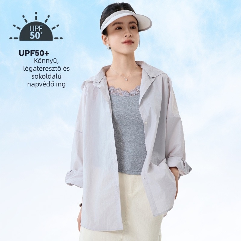 Nylon szövésű napvédő ing-cardin, lazább szabás, hosszú ujjak, hosszú fazon, UPF50+