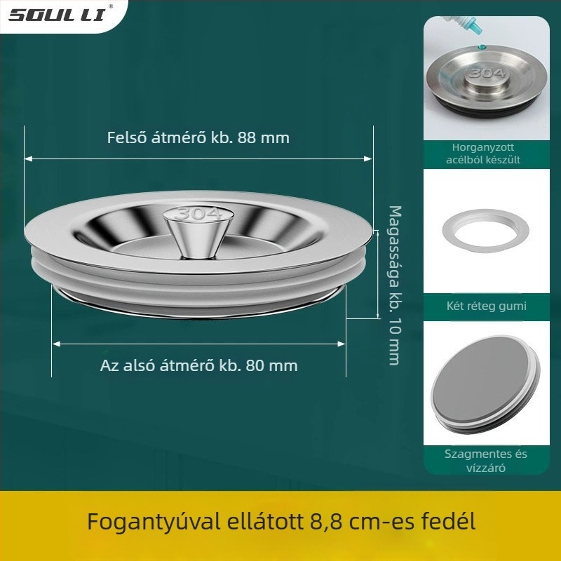 Konyhai mosogató dugó rozsdamentes acélból, univerzális illeszkedés, szabványos modell, modern minimalista kialakítás