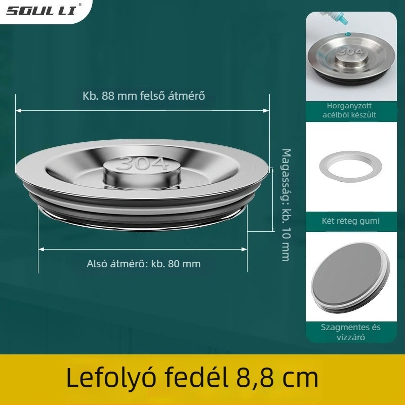 Konyhai mosogató dugó rozsdamentes acélból, univerzális illeszkedés, szabványos modell, modern minimalista kialakítás