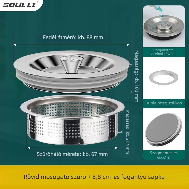 Konyhai mosogató dugó rozsdamentes acélból, univerzális illeszkedés, szabványos modell, modern minimalista kialakítás