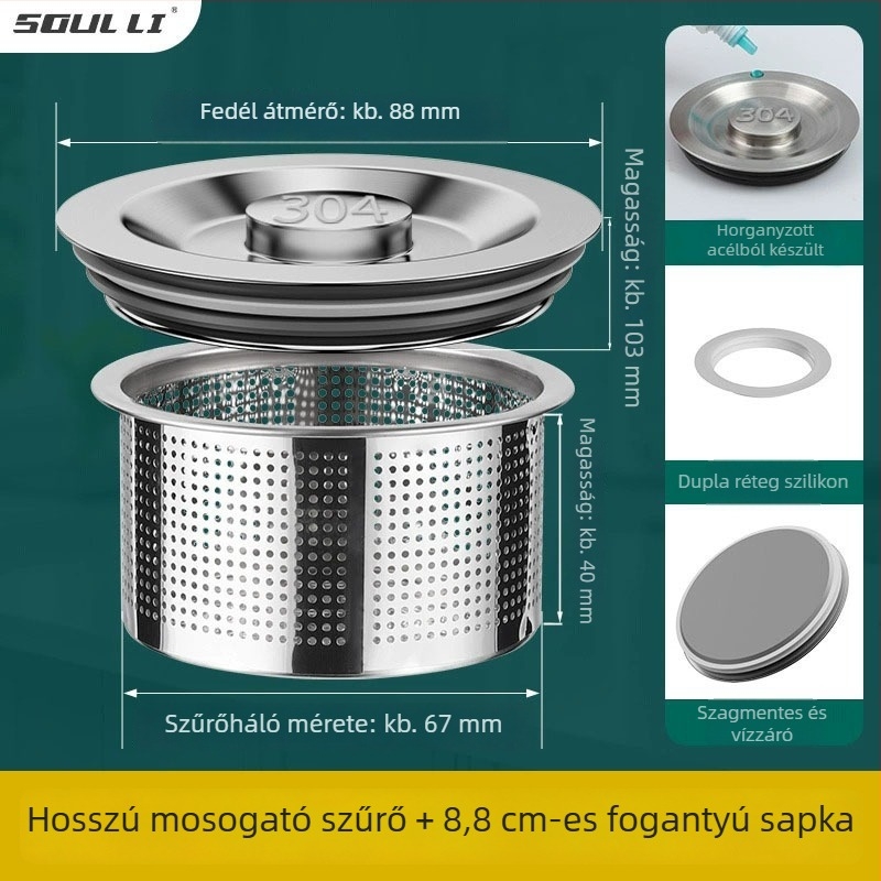 Konyhai mosogató dugó rozsdamentes acélból, univerzális illeszkedés, szabványos modell, modern minimalista kialakítás