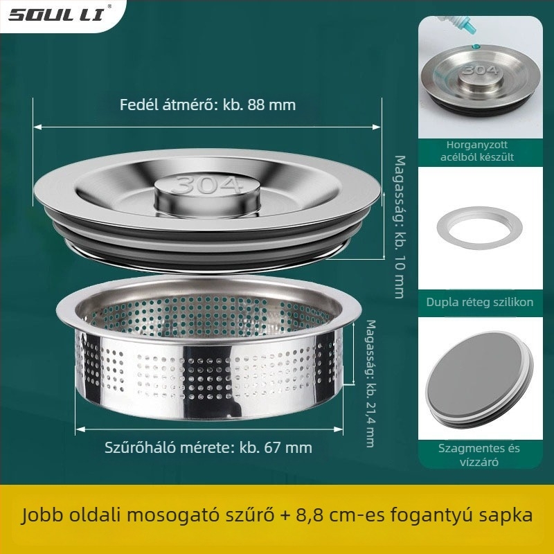 Konyhai mosogató dugó rozsdamentes acélból, univerzális illeszkedés, szabványos modell, modern minimalista kialakítás