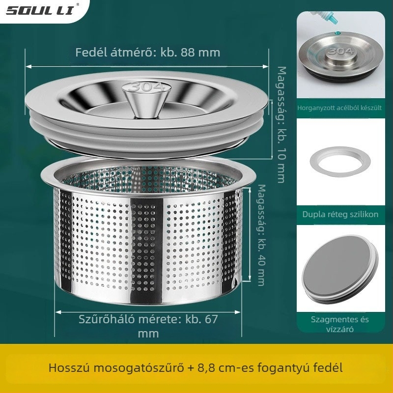 Konyhai mosogató dugó rozsdamentes acélból, univerzális illeszkedés, szabványos modell, modern minimalista kialakítás