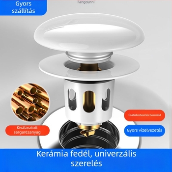 Réz anyagú mosdólefolyó dugó push-type pop-up mechanizmussal és illat-elleni szűrővel – CUPC tanúsítvány, univerzális mosdó kiegészítő
