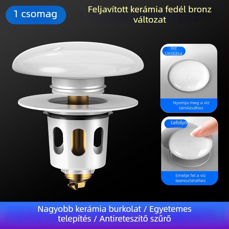 Réz anyagú mosdólefolyó dugó push-type pop-up mechanizmussal és illat-elleni szűrővel – CUPC tanúsítvány, univerzális mosdó kiegészítő