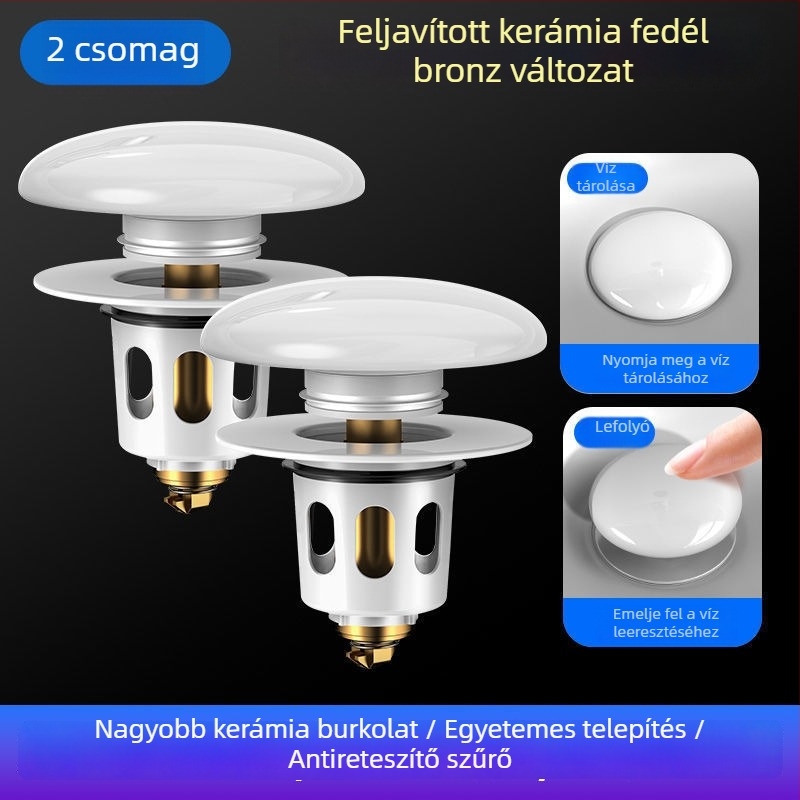 Réz anyagú mosdólefolyó dugó push-type pop-up mechanizmussal és illat-elleni szűrővel – CUPC tanúsítvány, univerzális mosdó kiegészítő