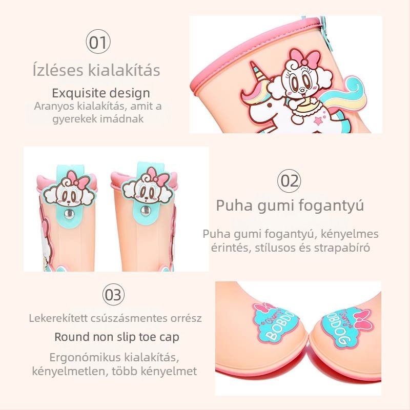 Gyerekeknek való esőcsizma PVC felsőrésszel, karikatúra mintázat, lapos sarok