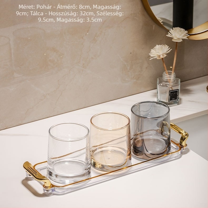 Üveg öblítő pohár és fogkefés pohár készlet – kerek formájú, egyrétegű kialakítás, szájhigiéniára