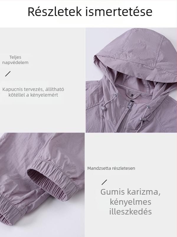 Uniszex kültéri szélvédő dzseki UPF50+ UV-védelem, légáteresztő nylon anyag, kapucnival, könnyű