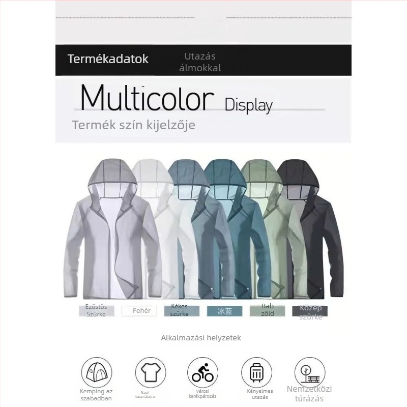 Uniszex nyári kapucnis széldzseki — UPF50+ UV-védelem, légáteresztő műszálas anyag, csíkos mintázat