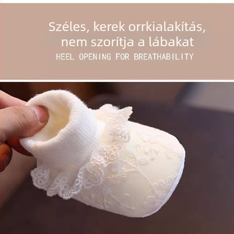Tavasz–Ősz–Tél babacipő és zokni lányoknak, 6–12 hónapos korosztály, vastag fleece bélés, meleg, puha talp, csúszásgátló, hercegnő stílus.