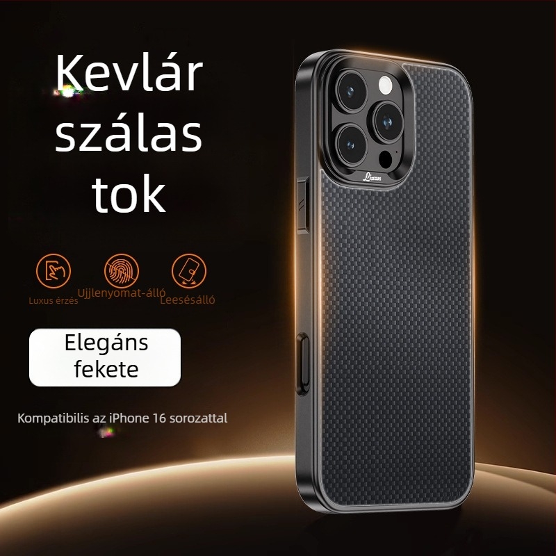Kevlar-textúrájú, mágneses rögzítésű teljes védőtok iPhone 16/17 Pro/Max számára, ütésálló