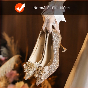 Esküvői cipő hegyes orrú, 6–8 cm magas stilettó sarok, alacsony felső rész, PU talpbetét, mikroszálas bélés