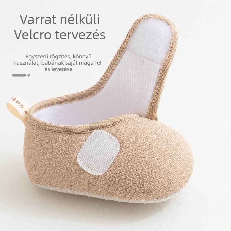 Puha talpú babacipő, rajzfilmszerű dizájn, Velcro-zárás, pamut felsőrész, 6–12 hónapos korosztálynak, 2025 tavasz