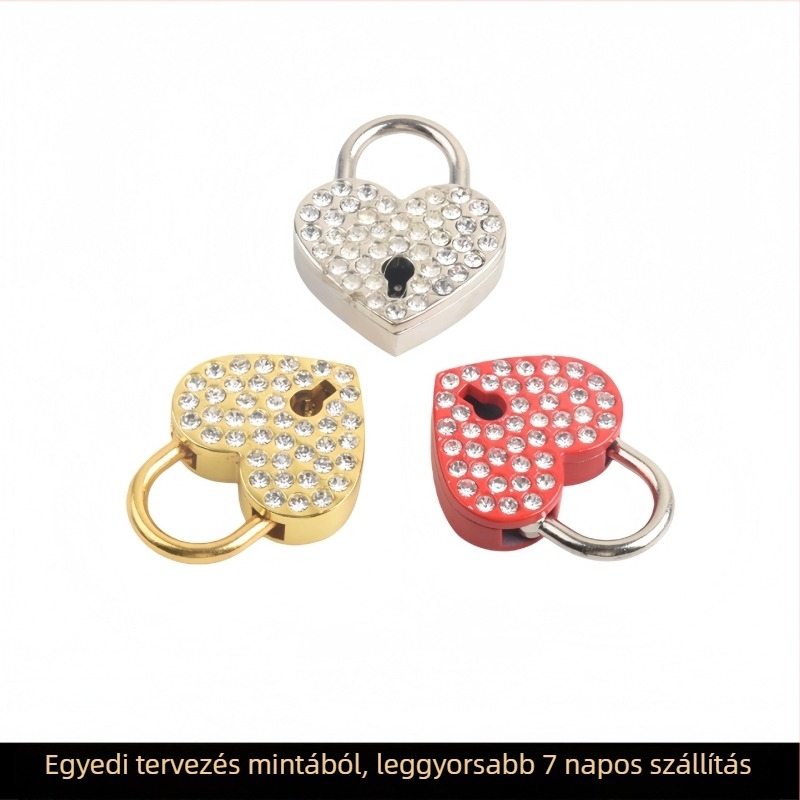Gyémántos szív lakat medál táskákhoz – Modell M-004; alkalmas táskákhoz, ruházathoz, látványosságokhoz, ajándékokhoz; elektroplakálás, pontfúrás, kézi feldolgozás
