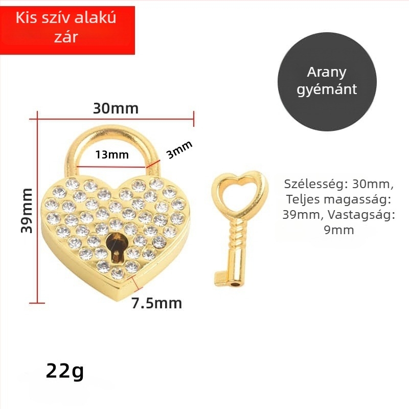 Gyémántos szív lakat medál táskákhoz – Modell M-004; alkalmas táskákhoz, ruházathoz, látványosságokhoz, ajándékokhoz; elektroplakálás, pontfúrás, kézi feldolgozás