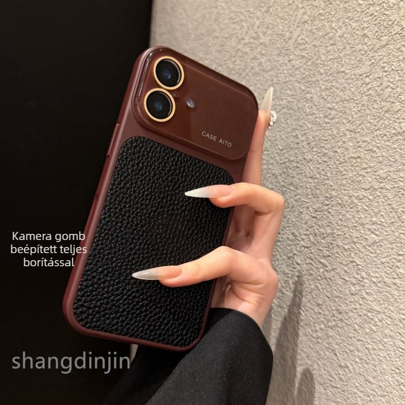 iPhone 16/17-hez tervezett őszi-téli retro lychee mintás tok, műbőr, dombornyomott, ütésálló