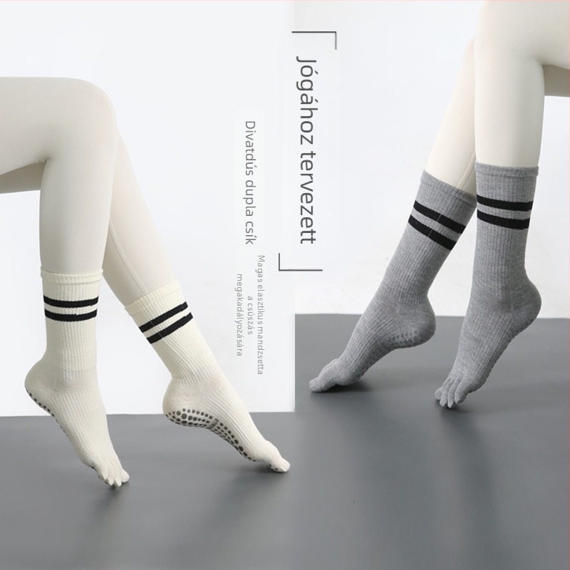 Női lábujj-zokni jógahoz, csúszásmentes, pamut, magas szár, 70–80% pamut, izzadságfelszívó és szagtalanító, jóga, pilates és fitnesz