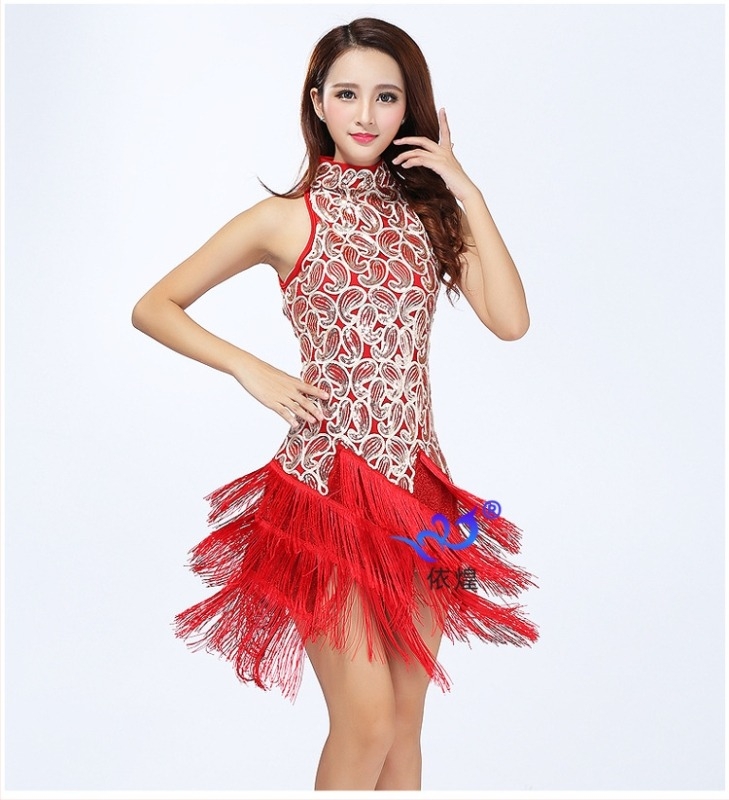 Latin táncruha flitteres tassel díszítéssel, sequin mesh anyag, poliészter + spandex, nőknek, színpadi előadásokhoz alkalmas
