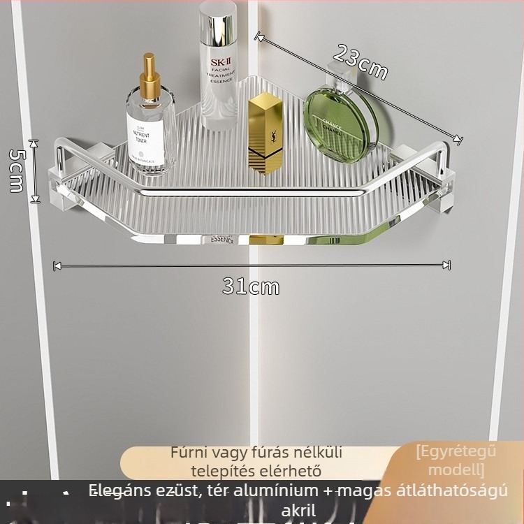 Akril fürdőszobai sarok tároló, háromszög alakú design, alumíniumötvözet, oxidált felület, hat darabos készlet