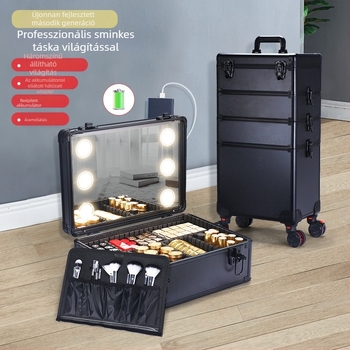 Sminkes tároló lámpával és tükrökkel, PVC kivitel, nagy kapacitás, univerzális kerekek, zárható