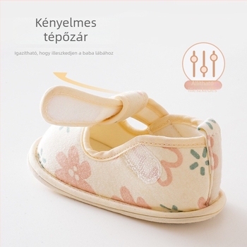 Baba cipők puha talppal, szíjrajz motívummal, felső rész pamut szövésből, talp: kompozit, 6-12 hónapos korosztály