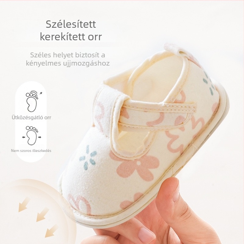 Baba cipők puha talppal, szíjrajz motívummal, felső rész pamut szövésből, talp: kompozit, 6-12 hónapos korosztály